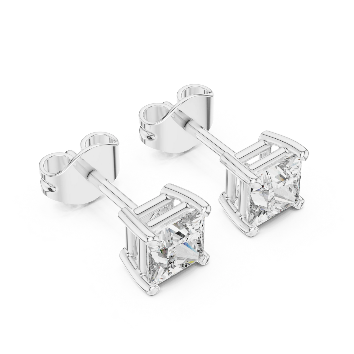 Princess Cut Moissanite Four Prong Stud Earrings in white 925 sterling silver, view 2