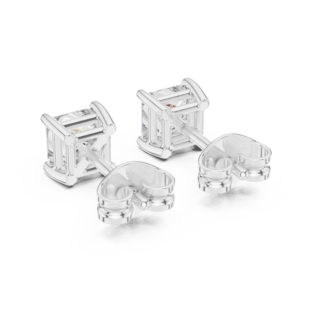 Princess Cut Moissanite Four Prong Stud Earrings in white 925 sterling silver, view 3