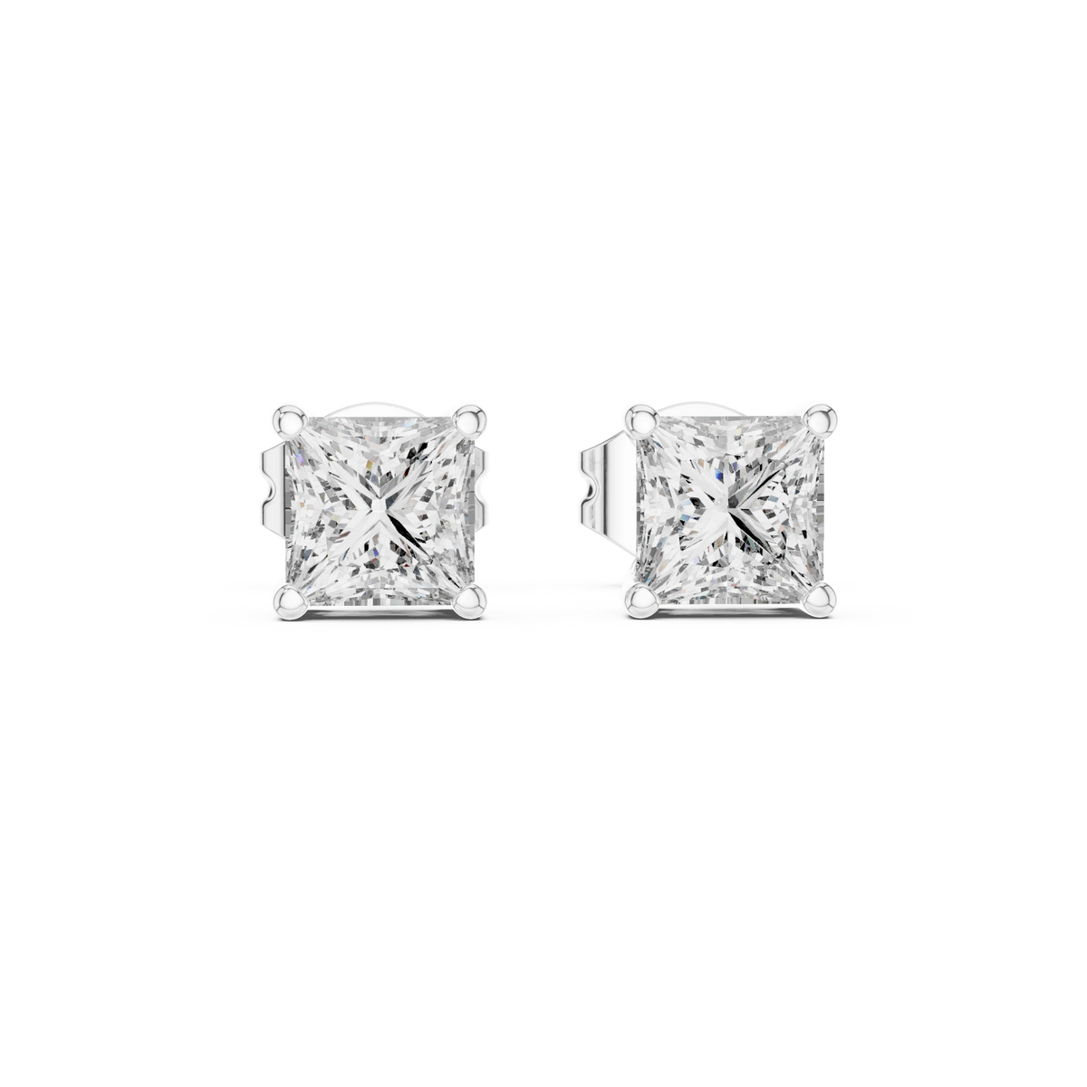 Princess Cut Moissanite Four Prong Stud Earrings in white 925 sterling silver, view 4