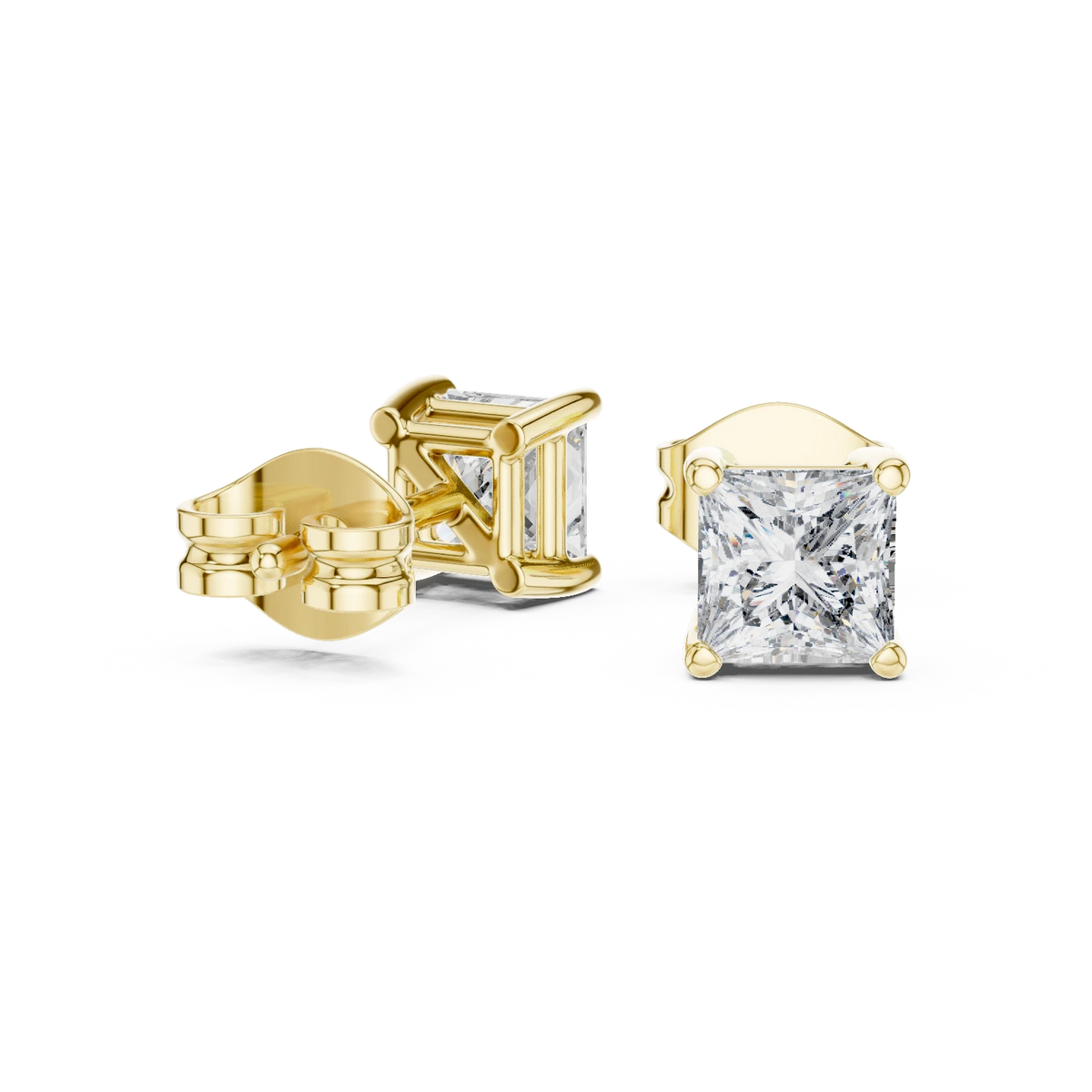 Princess Cut Moissanite Four Prong Stud Earrings in yellow 925 sterling silver, view 1