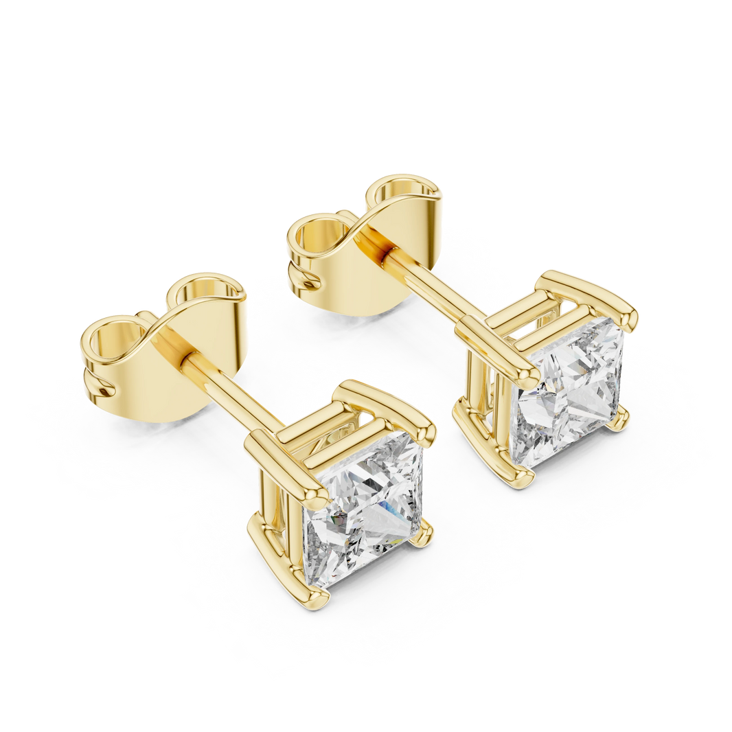 Princess Cut Moissanite Four Prong Stud Earrings in yellow 925 sterling silver, view 2