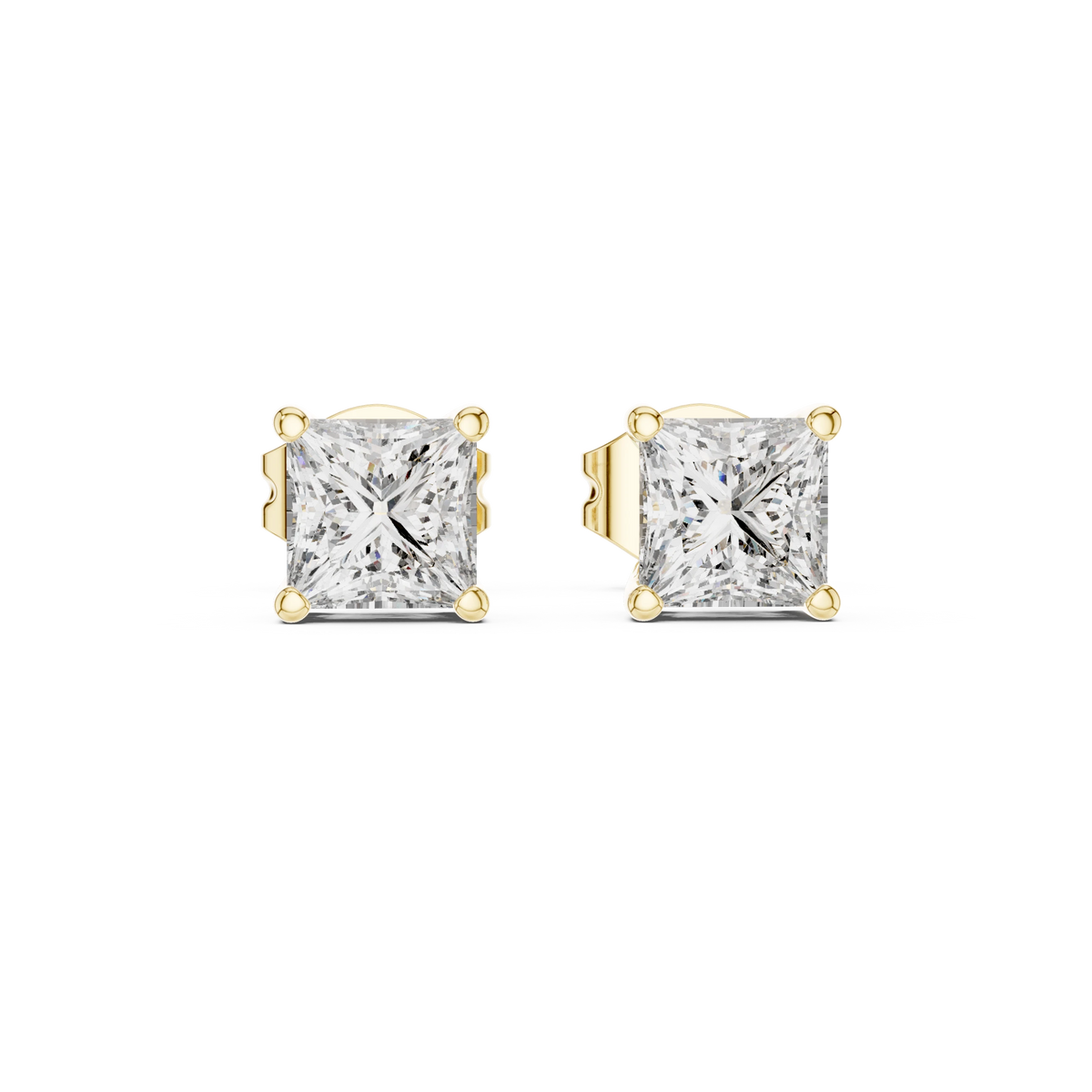 Princess Cut Moissanite Four Prong Stud Earrings in yellow 925 sterling silver, view 4