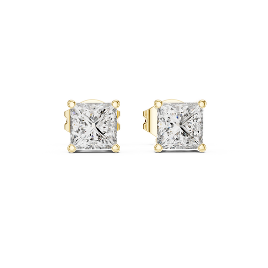 Princess Cut Moissanite Four Prong Stud Earrings in yellow 925 sterling silver, view 4