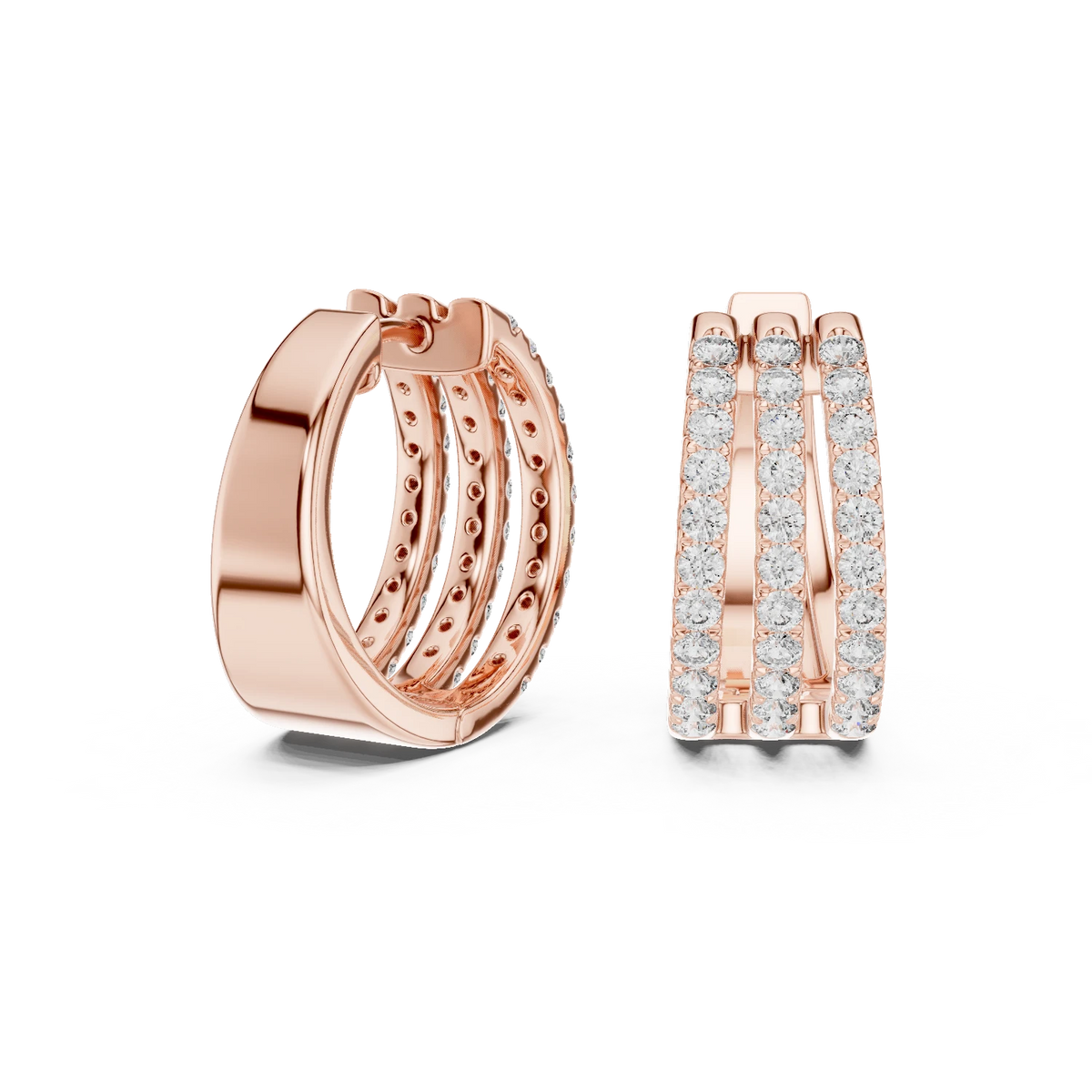 Wide Three Row Pavé Moissanite Huggie Hoop Earrings in rose 925 sterling silver, view 1