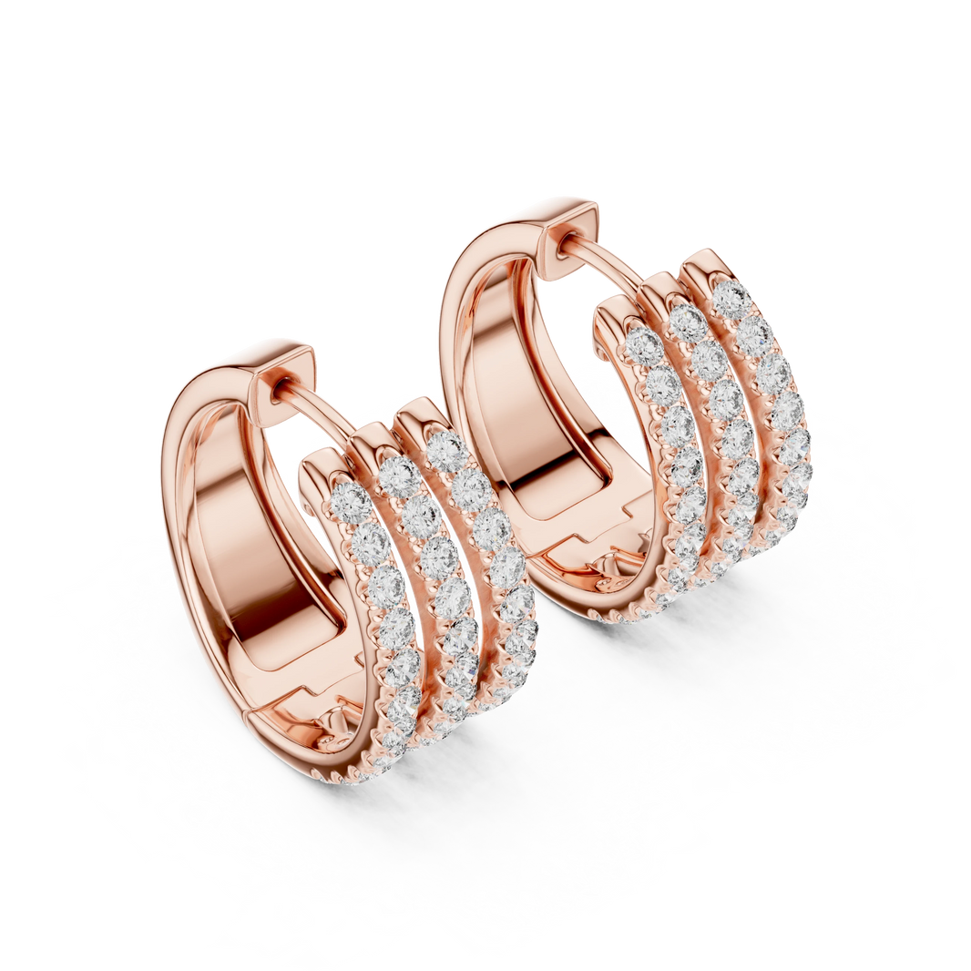Wide Three Row Pavé Moissanite Huggie Hoop Earrings in rose 925 sterling silver, view 2