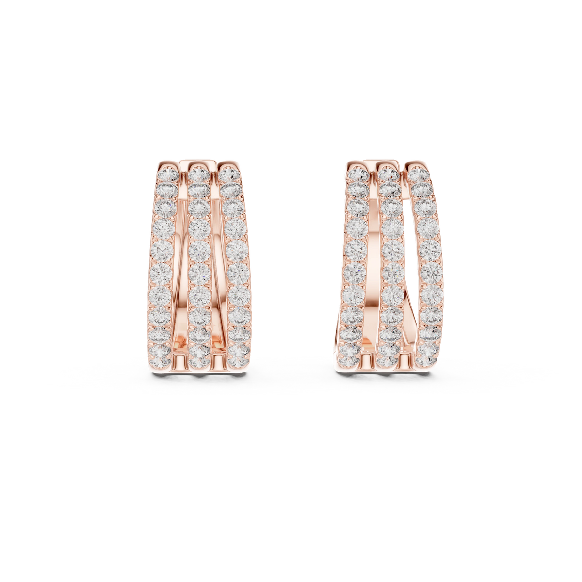 Wide Three Row Pavé Moissanite Huggie Hoop Earrings in rose 925 sterling silver, view 4
