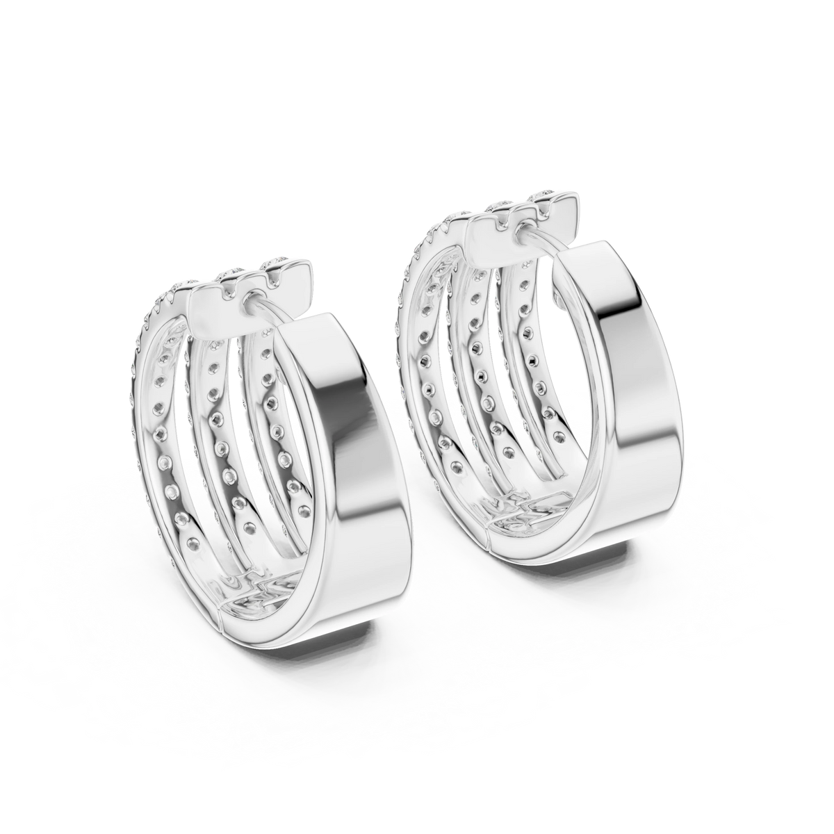 Wide Three Row Pavé Moissanite Huggie Hoop Earrings in white 925 sterling silver, view 3