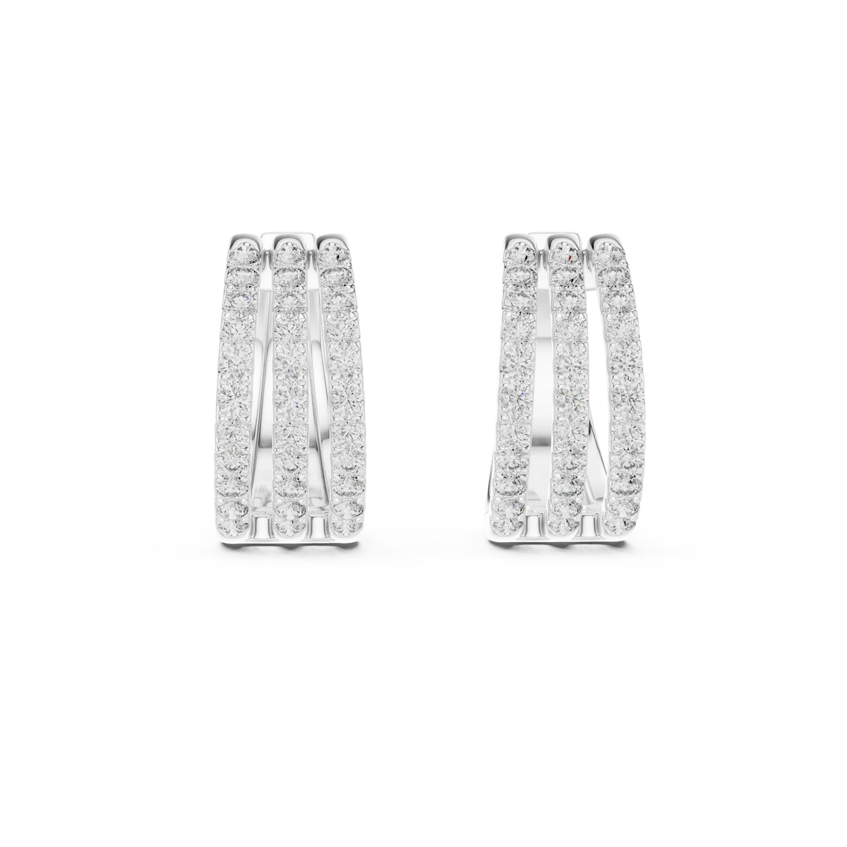 Wide Three Row Pavé Moissanite Huggie Hoop Earrings in white 925 sterling silver, view 4