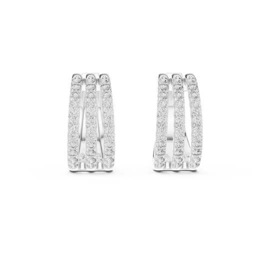 Wide Three Row Pavé Moissanite Huggie Hoop Earrings in white 925 sterling silver, view 4