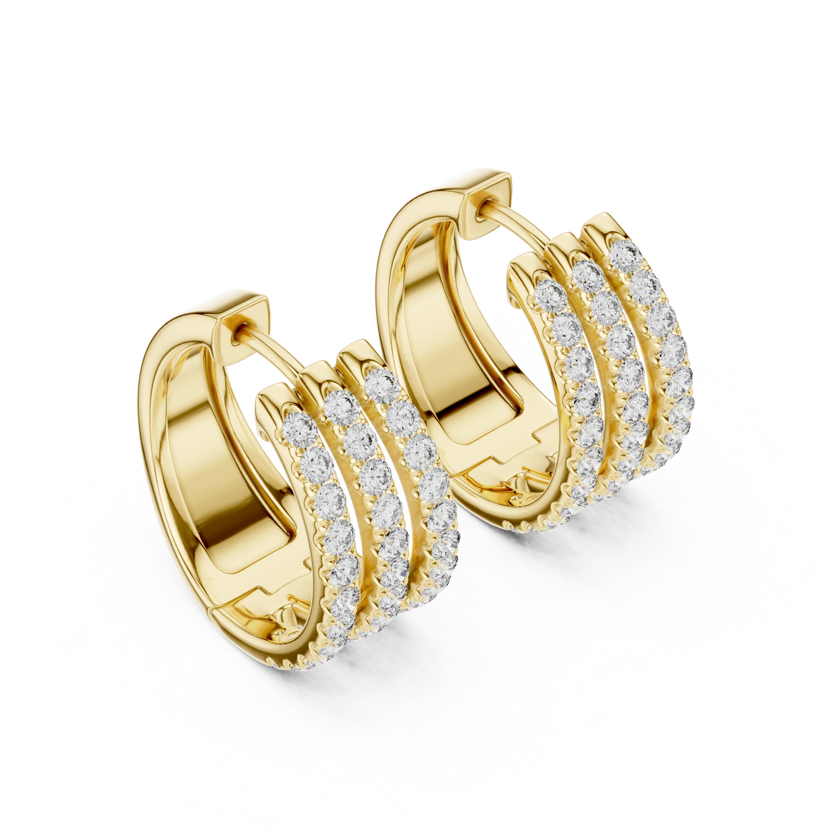 Wide Three Row Pavé Moissanite Huggie Hoop Earrings in yellow 925 sterling silver, view 2