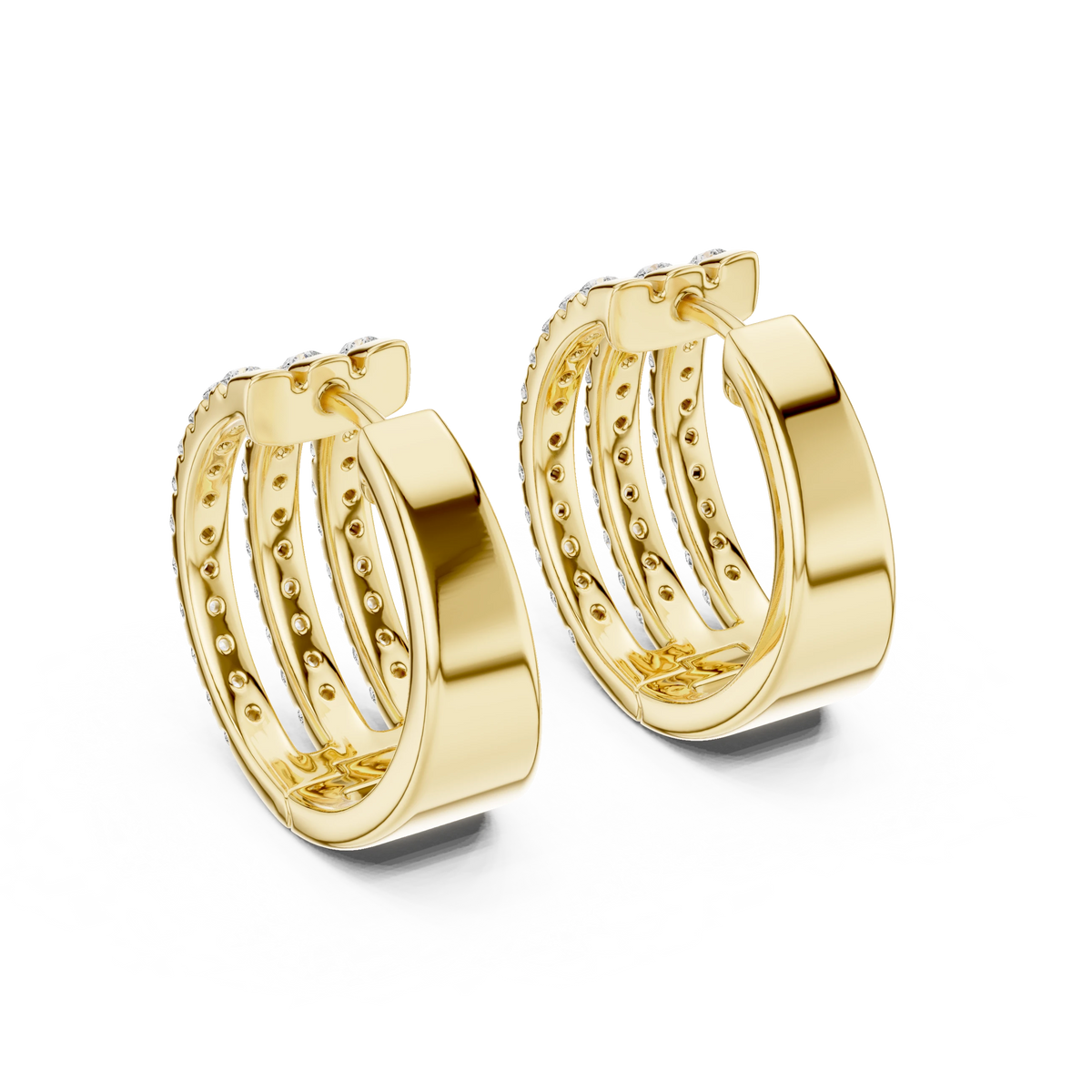 Wide Three Row Pavé Moissanite Huggie Hoop Earrings in yellow 925 sterling silver, view 3