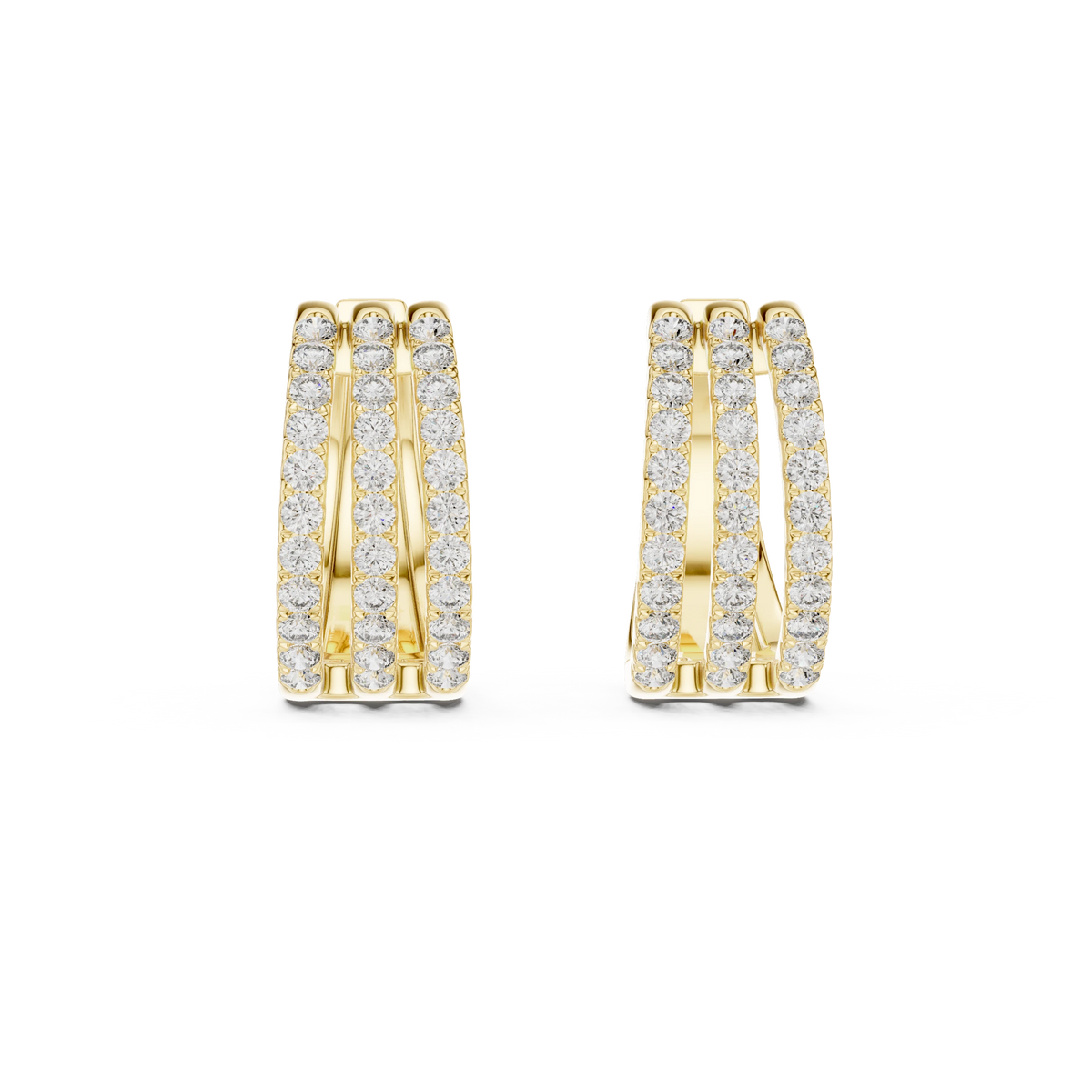 Wide Three Row Pavé Moissanite Huggie Hoop Earrings in yellow 925 sterling silver, view 4