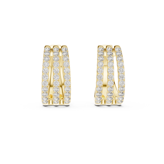 Wide Three Row Pavé Moissanite Huggie Hoop Earrings in yellow 925 sterling silver, view 4