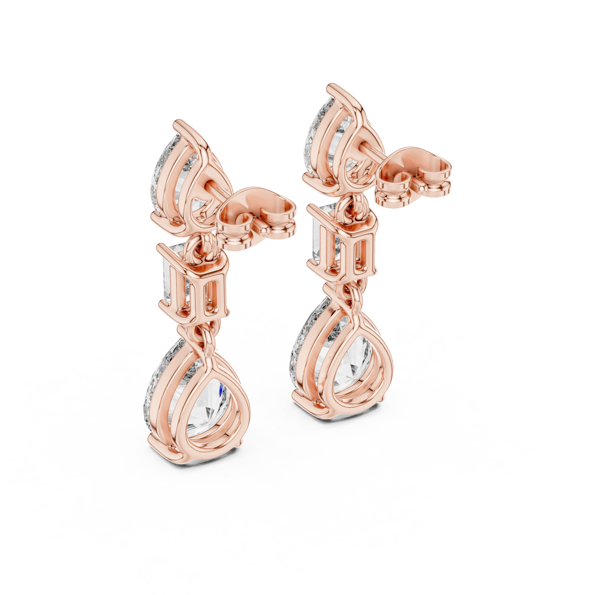 Pear and Emerald Cut Moissanite Three Stone Drop Earrings in rose 925 sterling silver, view 3