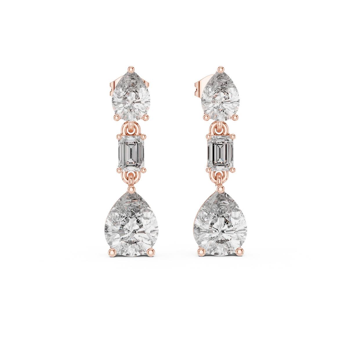 Pear and Emerald Cut Moissanite Three Stone Drop Earrings in rose 925 sterling silver, view 4