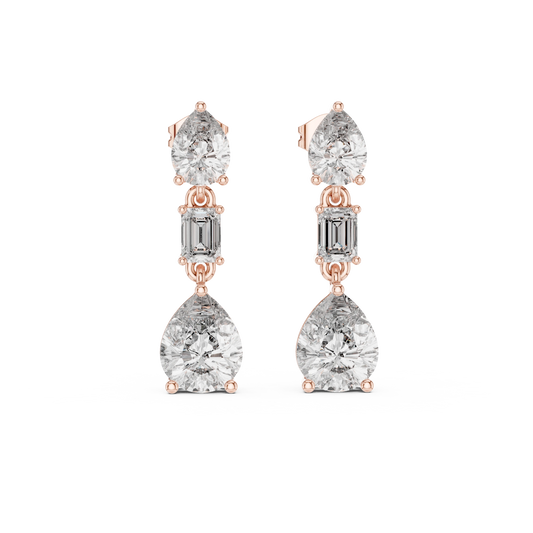 Pear and Emerald Cut Moissanite Three Stone Drop Earrings in rose 925 sterling silver, view 4