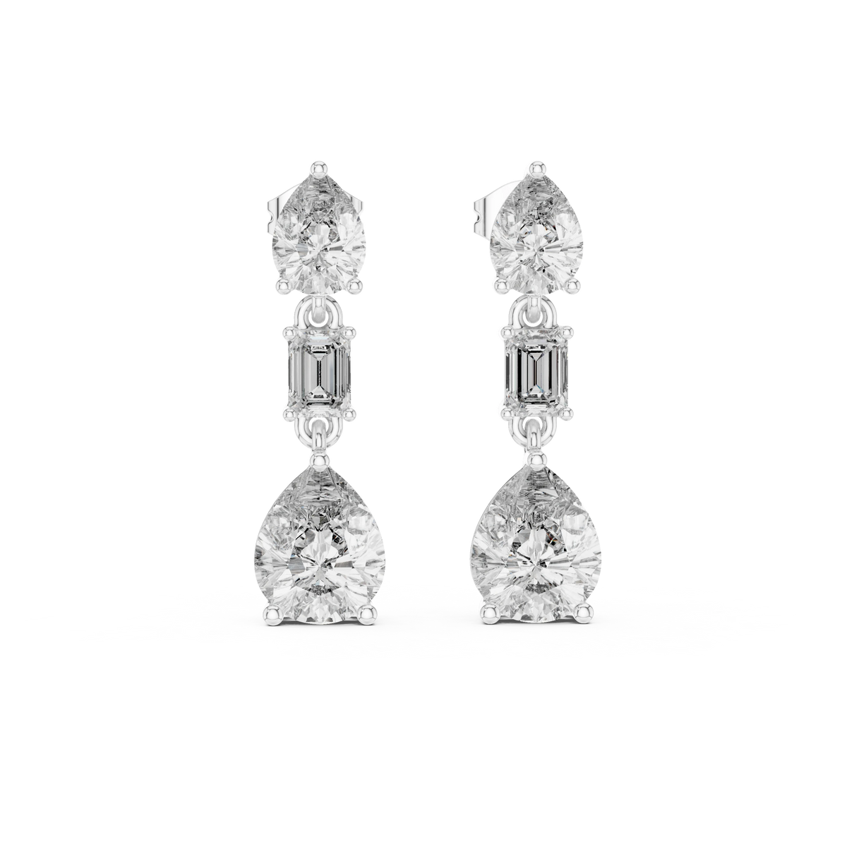 Pear and Emerald Cut Moissanite Three Stone Drop Earrings in white 925 sterling silver, view 4