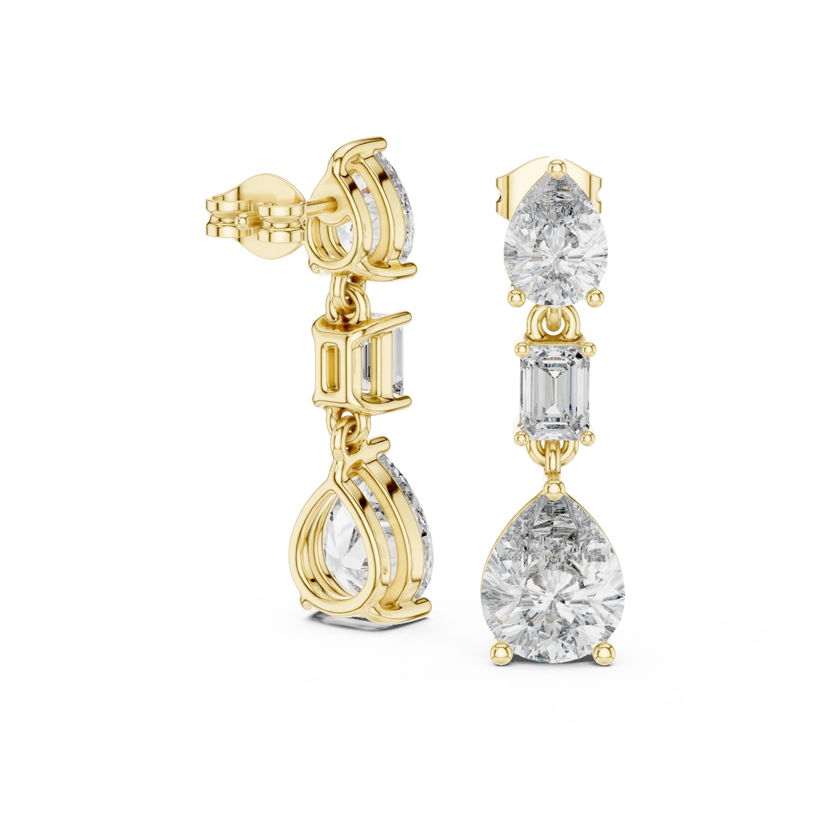 Pear and Emerald Cut Moissanite Three Stone Drop Earrings in yellow 925 sterling silver, view 1