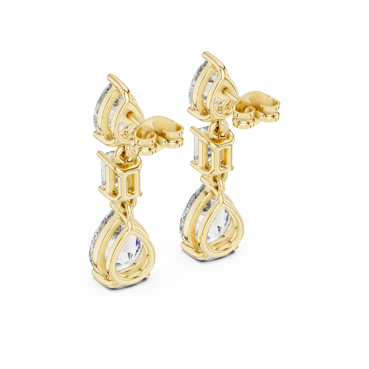 Pear and Emerald Cut Moissanite Three Stone Drop Earrings in yellow 925 sterling silver, view 3