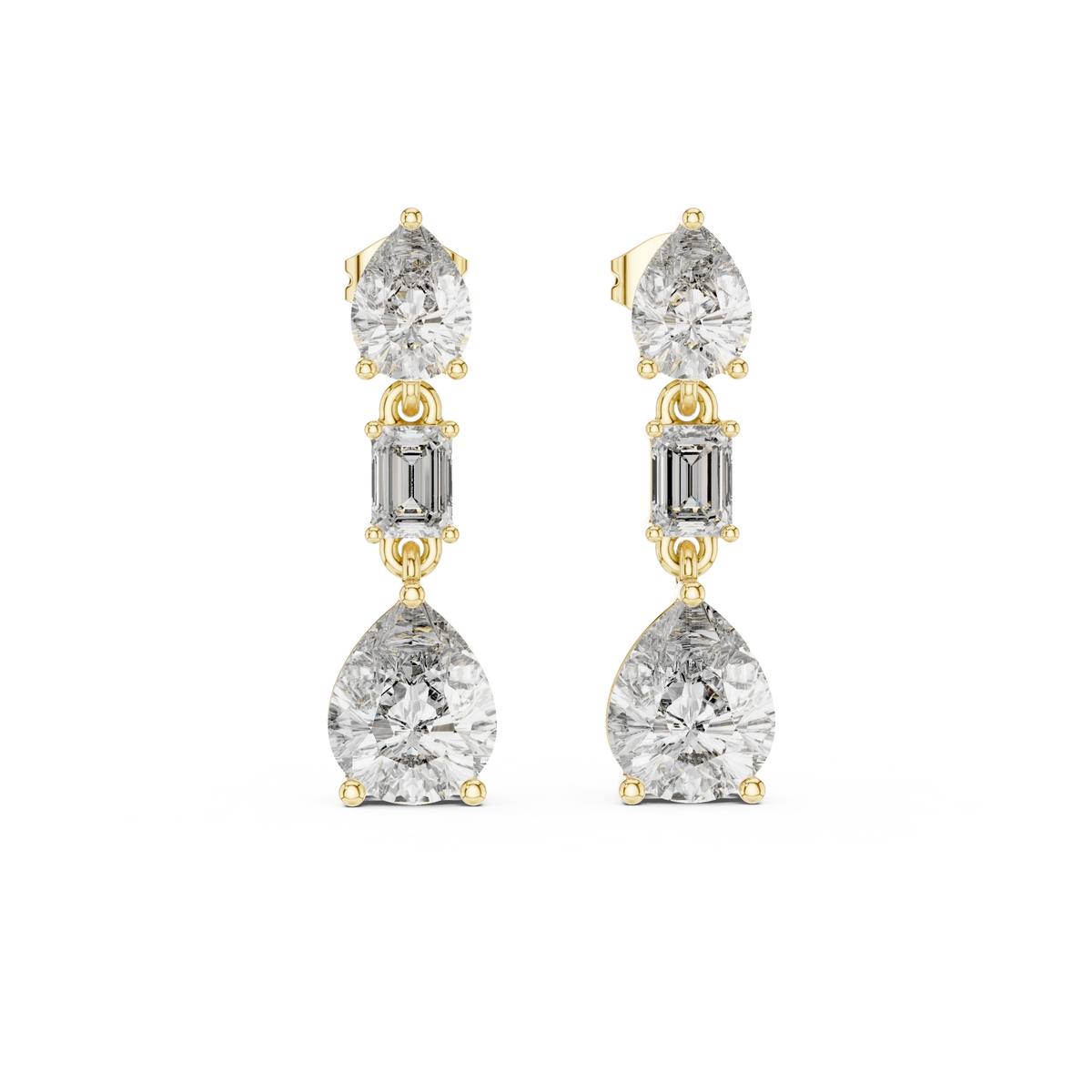 Pear and Emerald Cut Moissanite Three Stone Drop Earrings in yellow 925 sterling silver, view 4