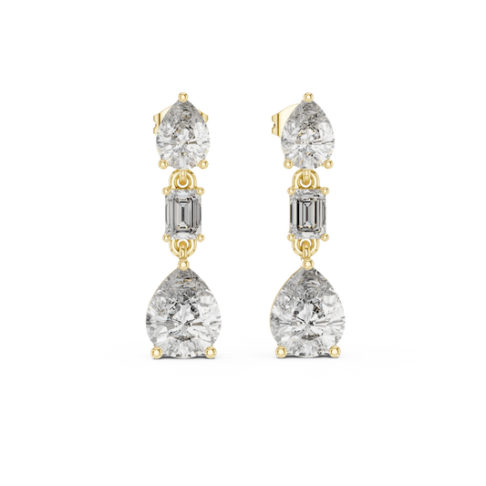 Pear and Emerald Cut Moissanite Three Stone Drop Earrings in yellow 925 sterling silver, view 4
