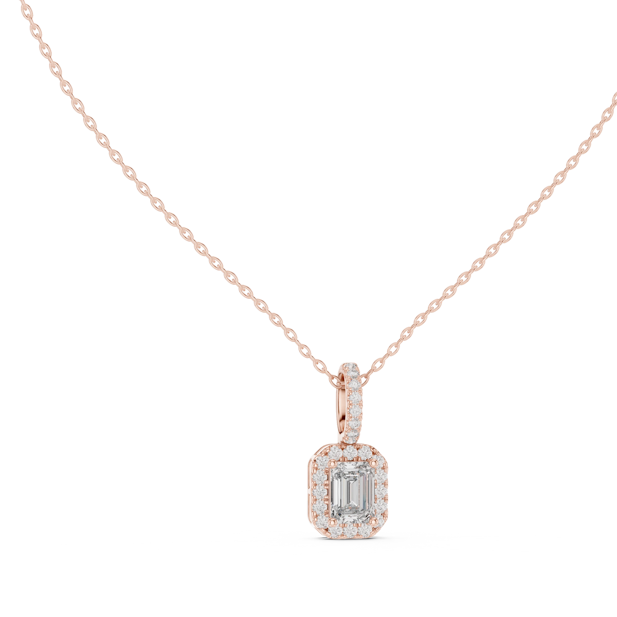 Emerald Cut Halo Moissanite Pendant with Pavé Bail in rose 925 sterling silver, view 1