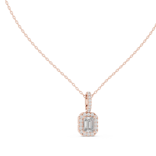 Emerald Cut Halo Moissanite Pendant with Pavé Bail in rose 925 sterling silver, view 1