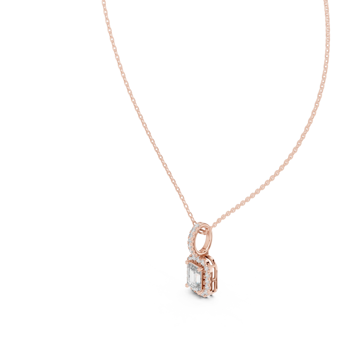 Emerald Cut Halo Moissanite Pendant with Pavé Bail in rose 925 sterling silver, view 2