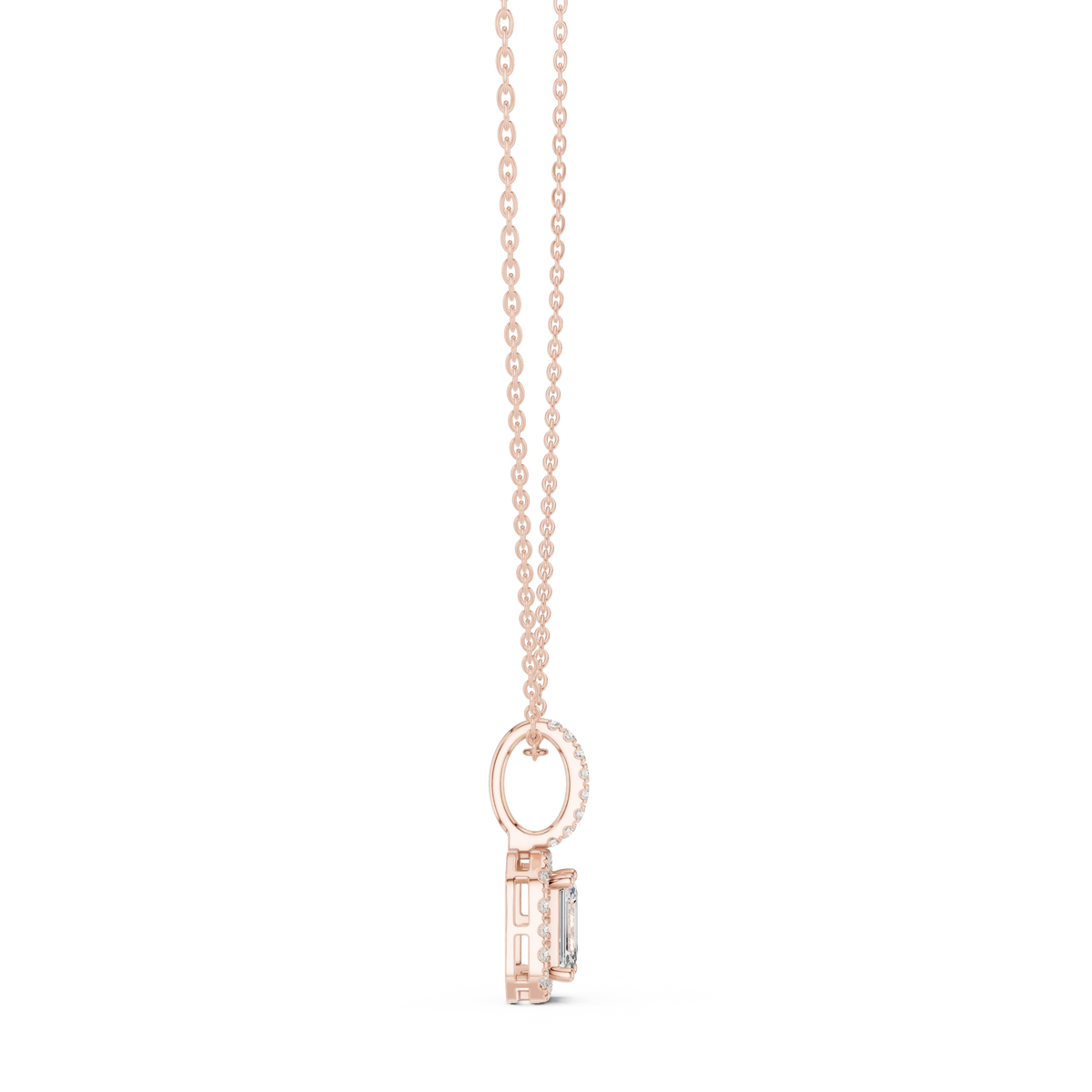 Emerald Cut Halo Moissanite Pendant with Pavé Bail in rose 925 sterling silver, view 3