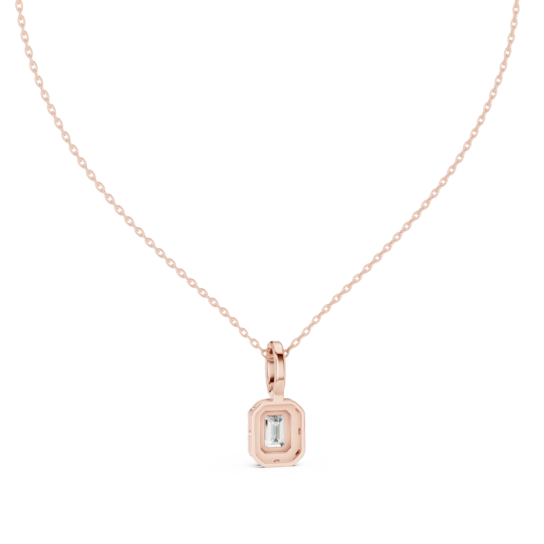 Emerald Cut Halo Moissanite Pendant with Pavé Bail in rose 925 sterling silver, view 4