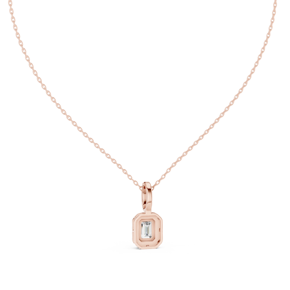 Emerald Cut Halo Moissanite Pendant with Pavé Bail in rose 925 sterling silver, view 4