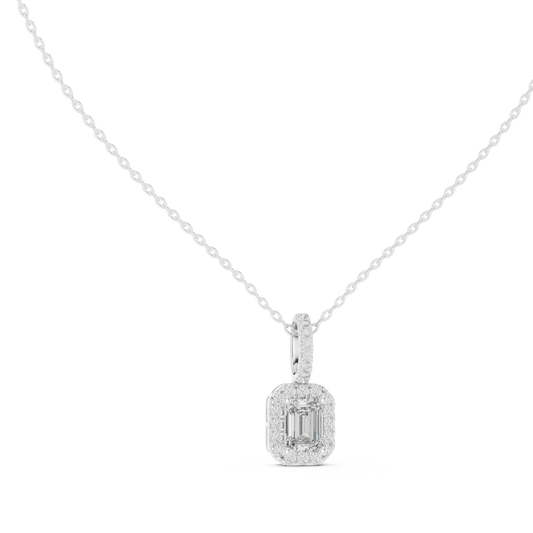 Emerald Cut Halo Moissanite Pendant with Pavé Bail in white 925 sterling silver, view 1