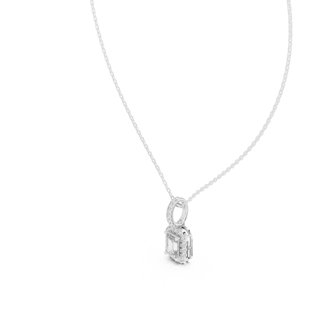 Emerald Cut Halo Moissanite Pendant with Pavé Bail in white 925 sterling silver, view 2
