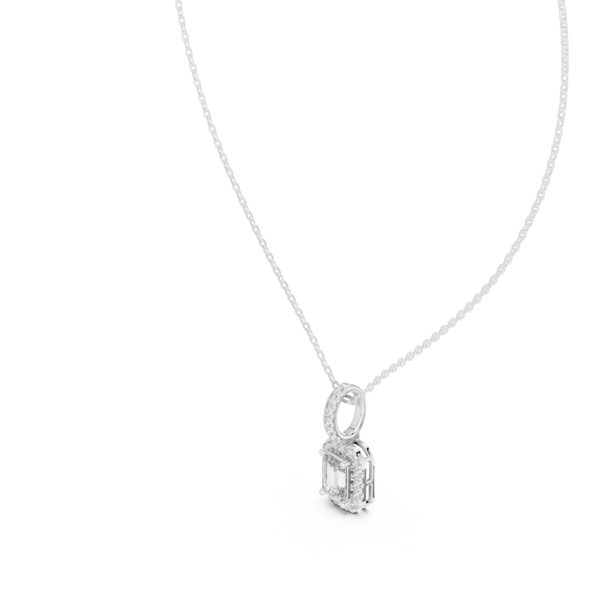 Emerald Cut Halo Moissanite Pendant with Pavé Bail in white 925 sterling silver, view 2