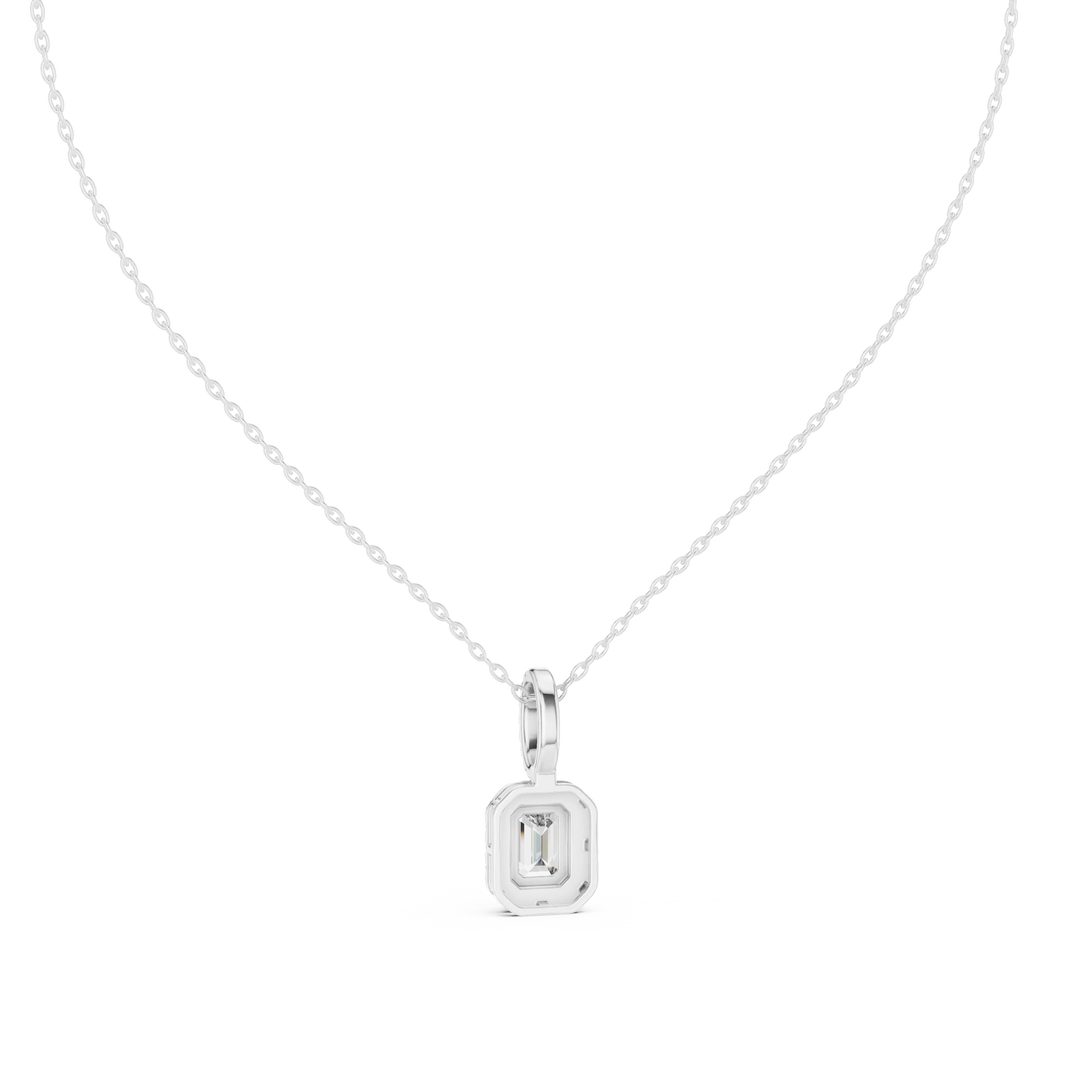Emerald Cut Halo Moissanite Pendant with Pavé Bail in white 925 sterling silver, view 4