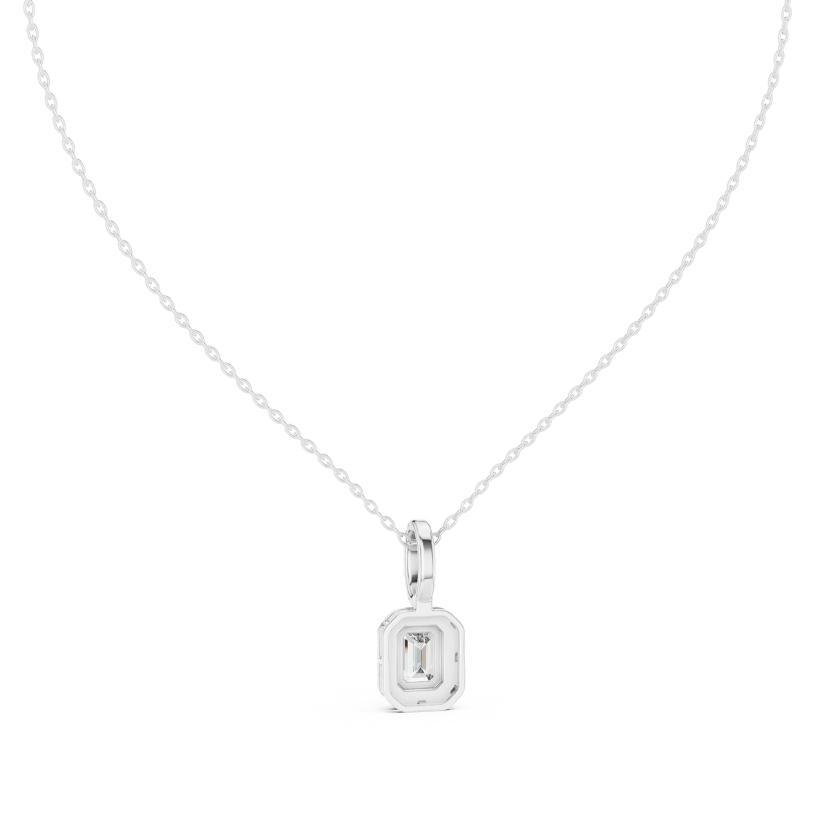 Emerald Cut Halo Moissanite Pendant with Pavé Bail in white 925 sterling silver, view 4