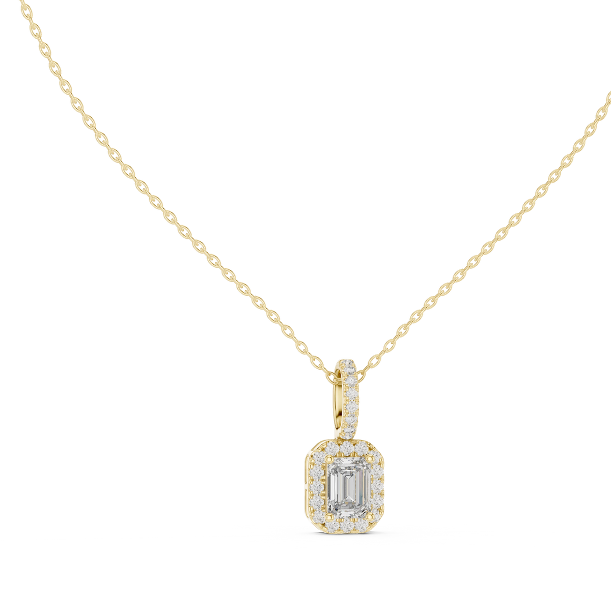 Emerald Cut Halo Moissanite Pendant with Pavé Bail in yellow 925 sterling silver, view 1