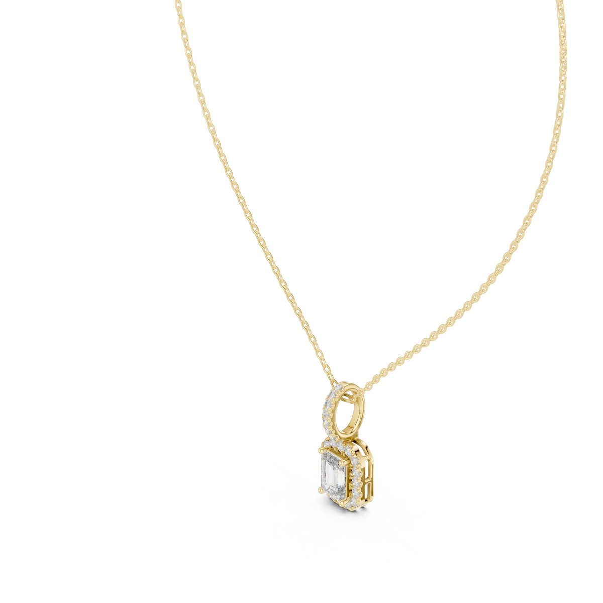 Emerald Cut Halo Moissanite Pendant with Pavé Bail in yellow 925 sterling silver, view 2