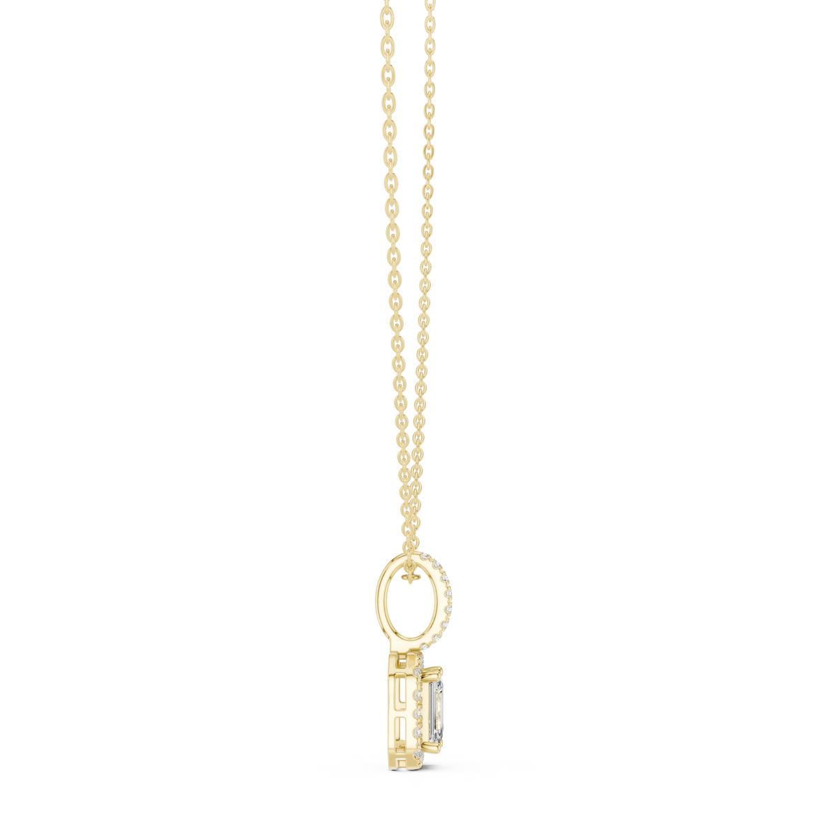 Emerald Cut Halo Moissanite Pendant with Pavé Bail in yellow 925 sterling silver, view 3