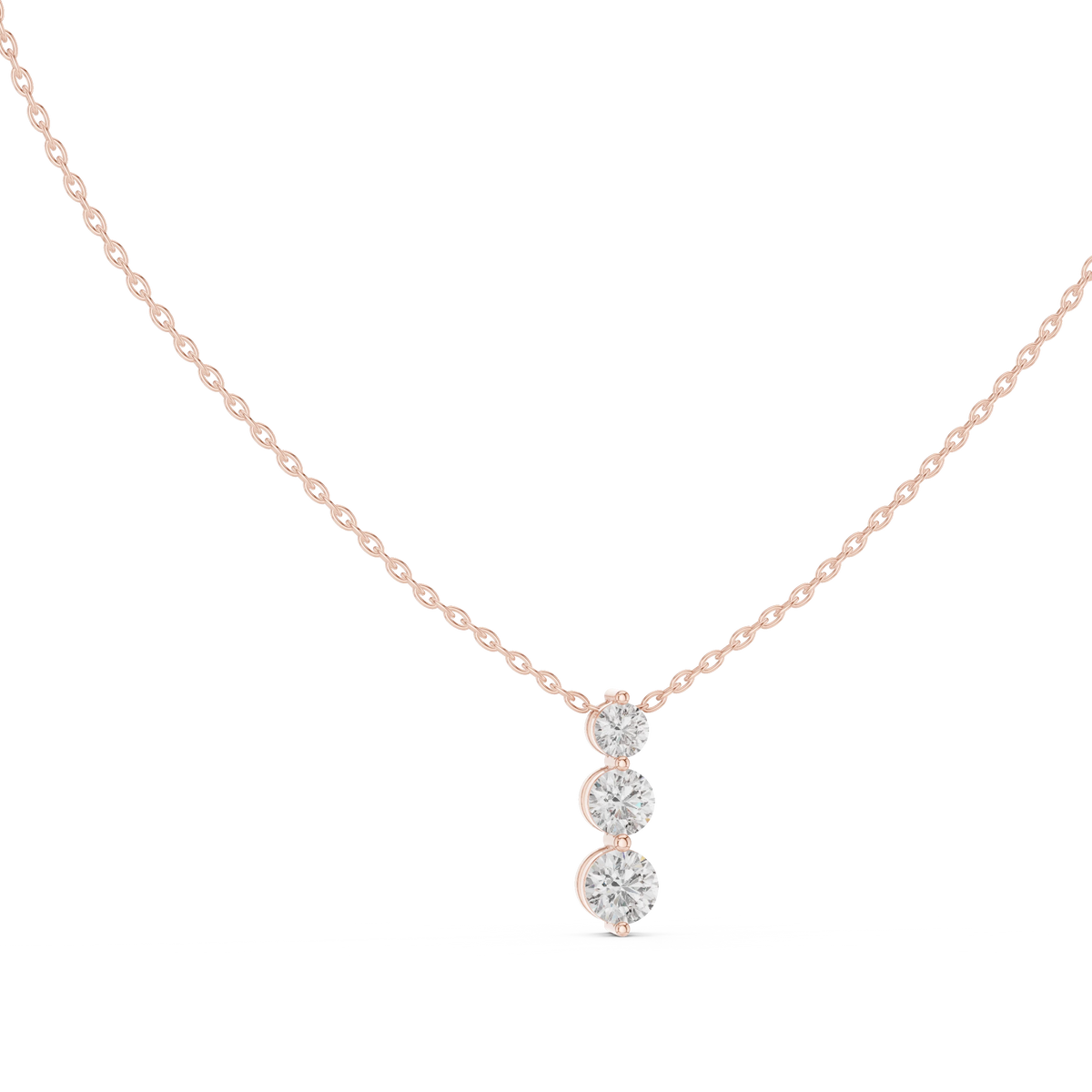 Graduated Three Stone Round Moissanite Drop Pendant in rose 925 sterling silver, view 1