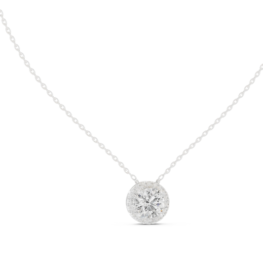 Round Halo Moissanite Station Pendant in white 925 sterling silver, view 1