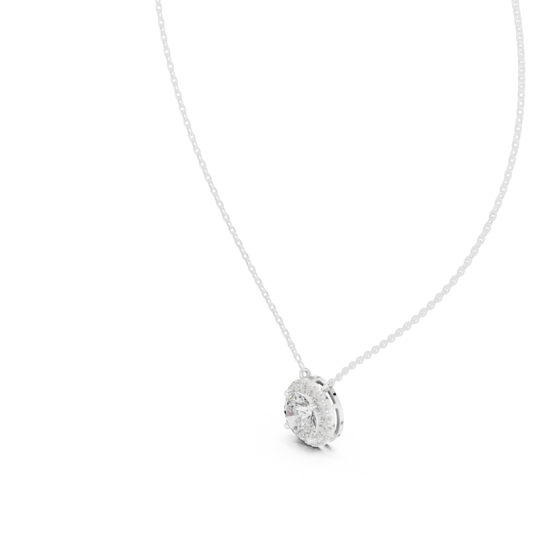 Round Halo Moissanite Station Pendant in white 925 sterling silver, view 2
