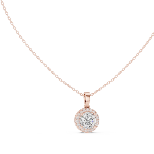 Round Halo Moissanite Pendant in rose 925 sterling silver, view 1