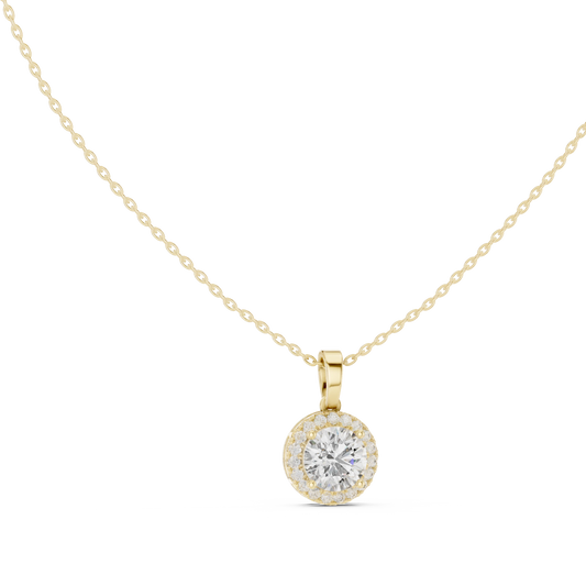 Round Halo Moissanite Pendant in yellow 925 sterling silver, view 1