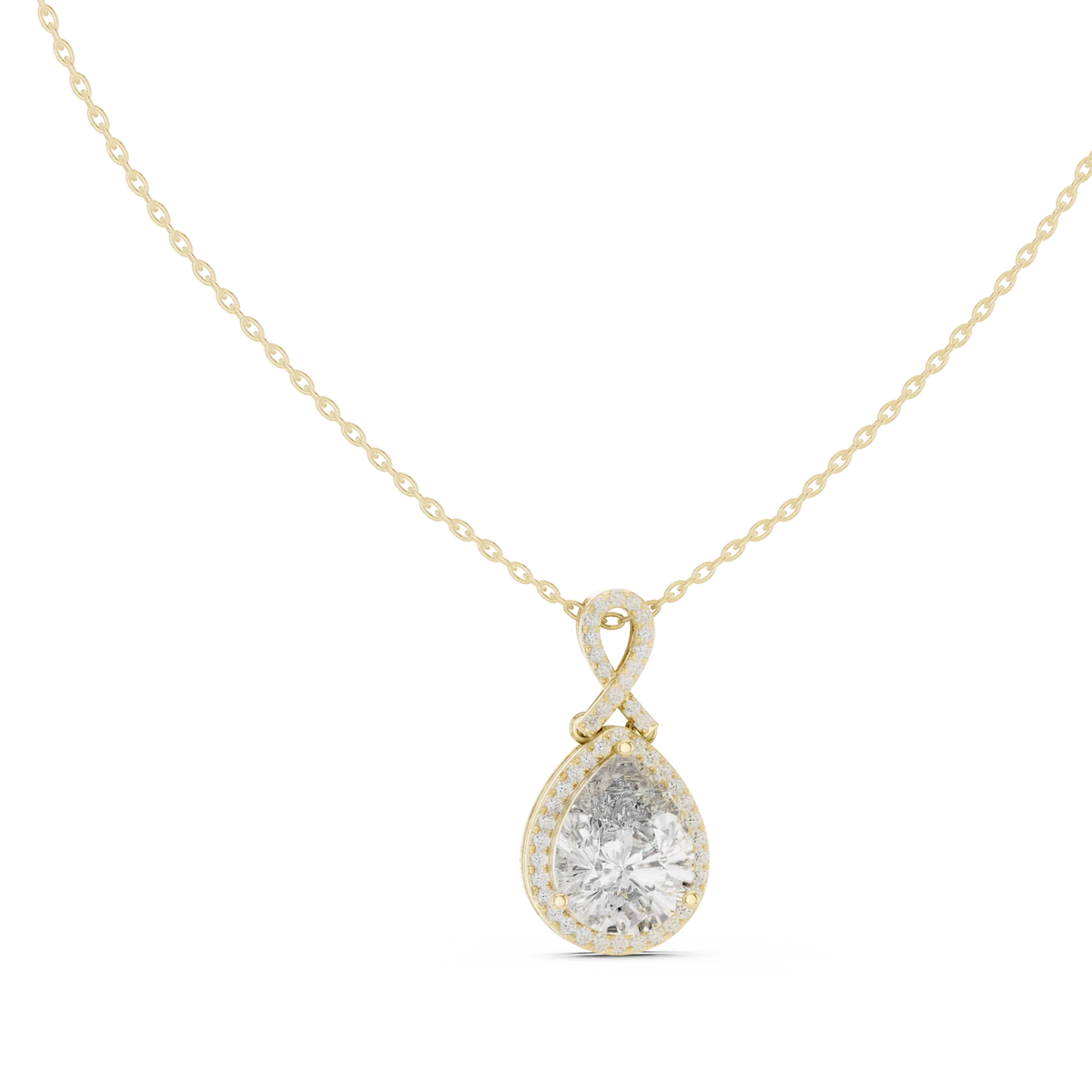 Pear Halo Moissanite Pendant with Infinity Bail in yellow 925 sterling silver, view 1