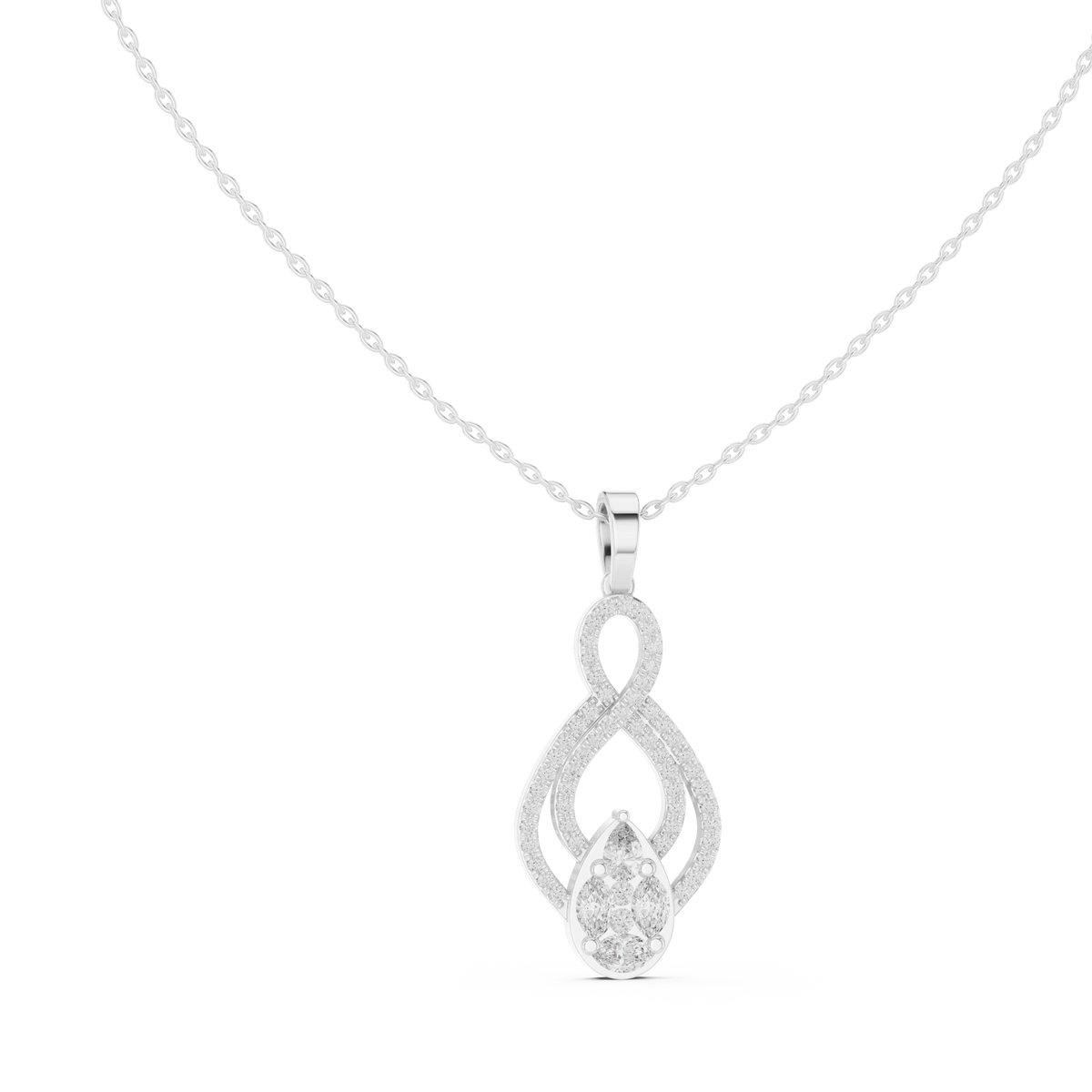 Infinity Loop Cluster Drop Moissanite Pendant in white 925 sterling silver, view 1