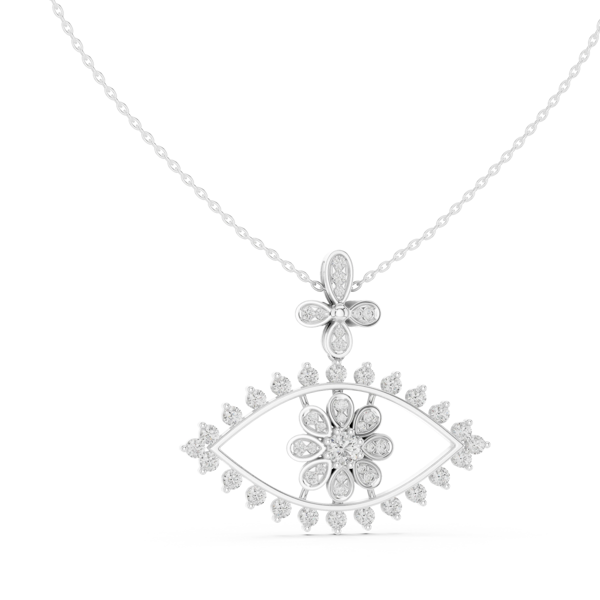 Evil Eye Flower Moissanite Drop Pendant in white 925 sterling silver, view 1