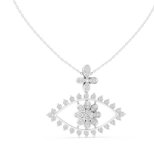 Evil Eye Flower Moissanite Drop Pendant in white 925 sterling silver, view 1