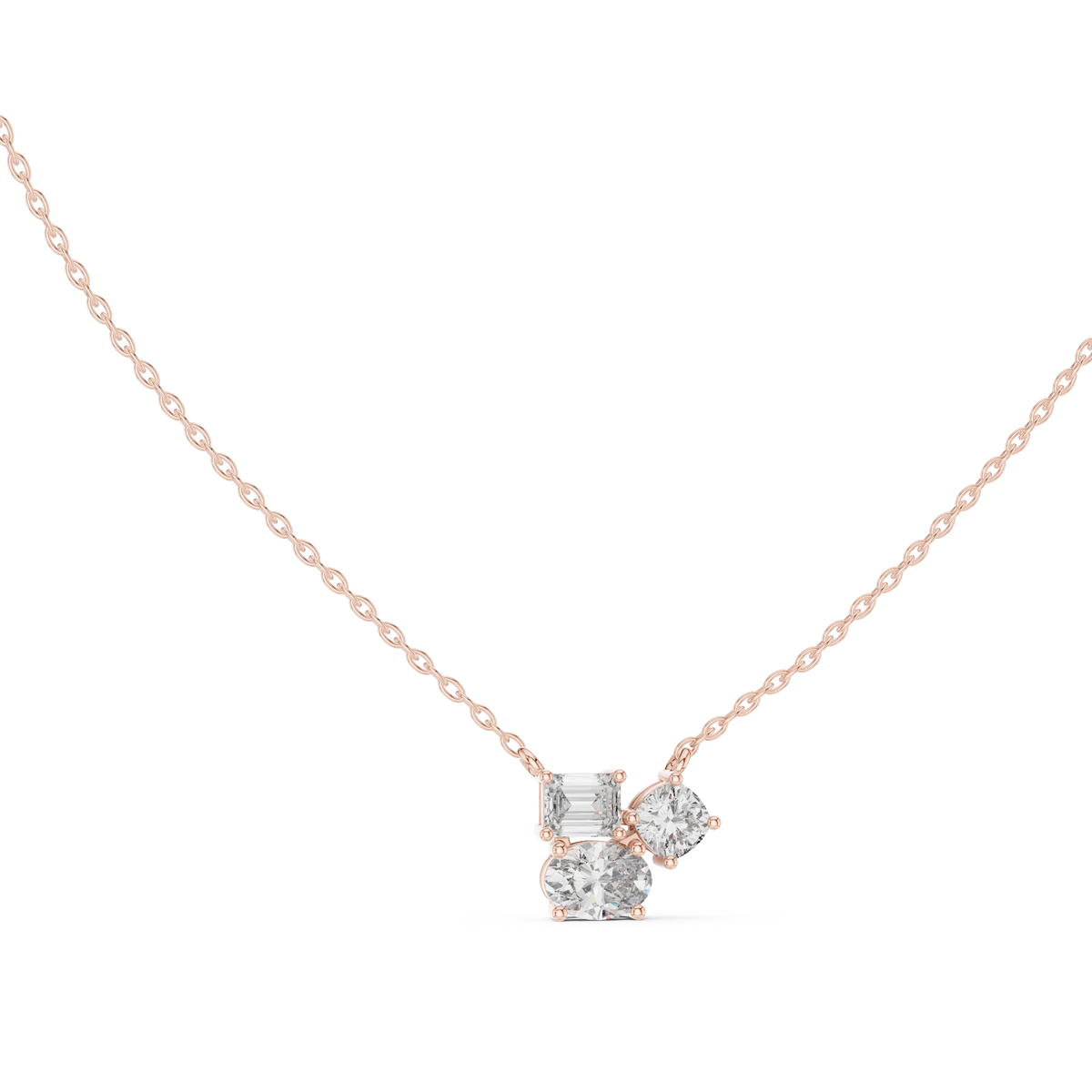 Mixed Shape Three Stone Cluster Moissanite Pendant in rose 925 sterling silver, view 1