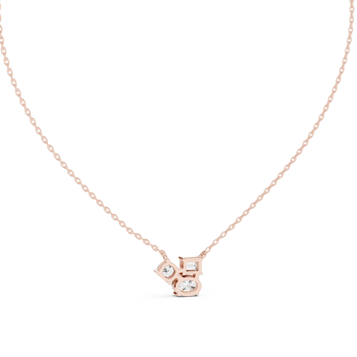 Mixed Shape Three Stone Cluster Moissanite Pendant in rose 925 sterling silver, view 4